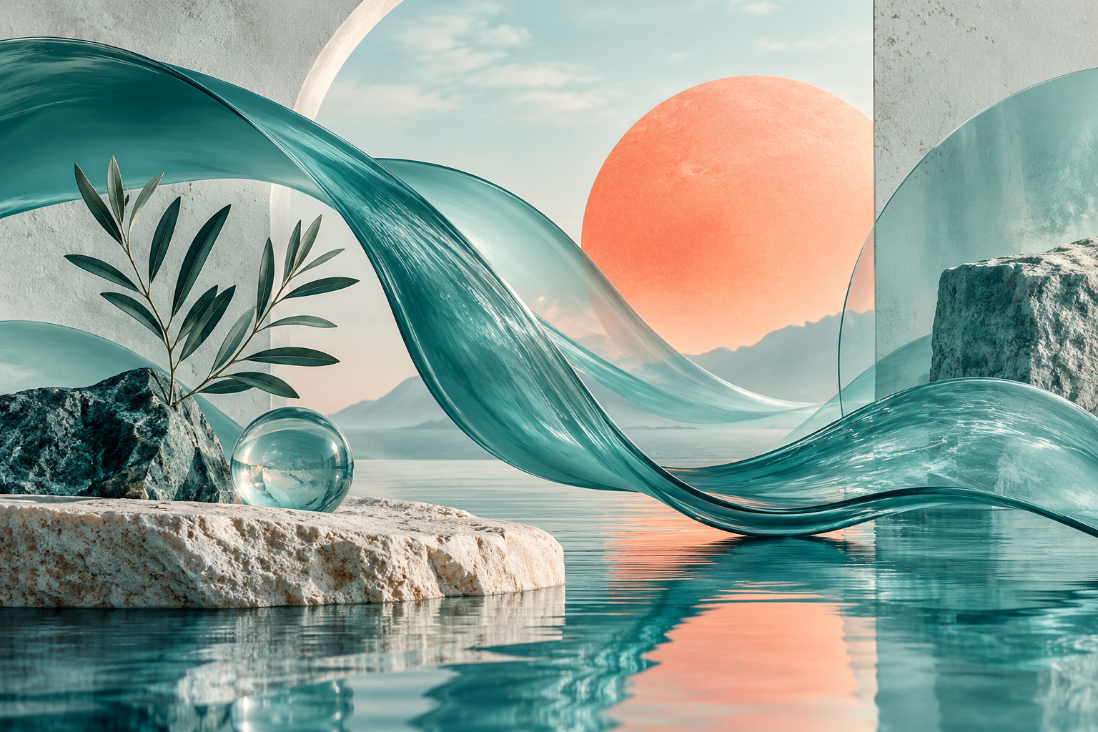 abstract flowing turquoise liquid ribbons, coral sun and translucent shapes, fresh conceptual still life, no drinkware
